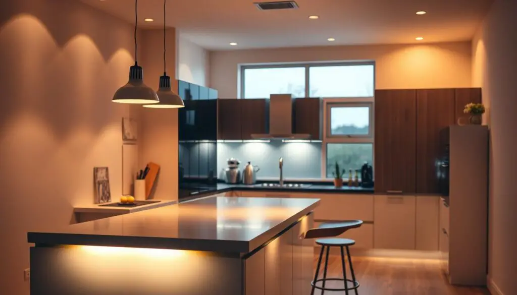 A well-lit, modern modular kitchen with a focus on various lighting techniques. The foreground showcases a sleek, minimalist kitchen island with recessed LED lighting under the counter, casting a warm glow. The middle ground features a mix of task lighting, such as pendant lamps over the island and undercabinet LED strips, illuminating the cooking and prep areas. The background highlights a large window, allowing natural daylight to flood the space, complemented by dimmable recessed ceiling lights. The overall scene exudes a cozy, inviting atmosphere, perfect for a small modular kitchen.