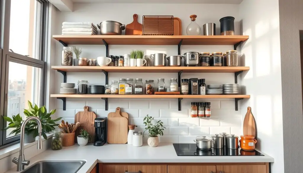 A well-organized apartment kitchen with open shelving showcasing a variety of cookware, herbs, and spices. The shelves are neatly arranged, with a mix of rustic wooden boards and sleek metal racks. Soft natural lighting from large windows creates a warm, inviting atmosphere. The kitchen countertop is clutter-free, with a single potted plant and a few decorative elements adding a touch of personality. The overall scene exudes a sense of order and efficiency, inspiring efficient kitchen organization in a small living space.