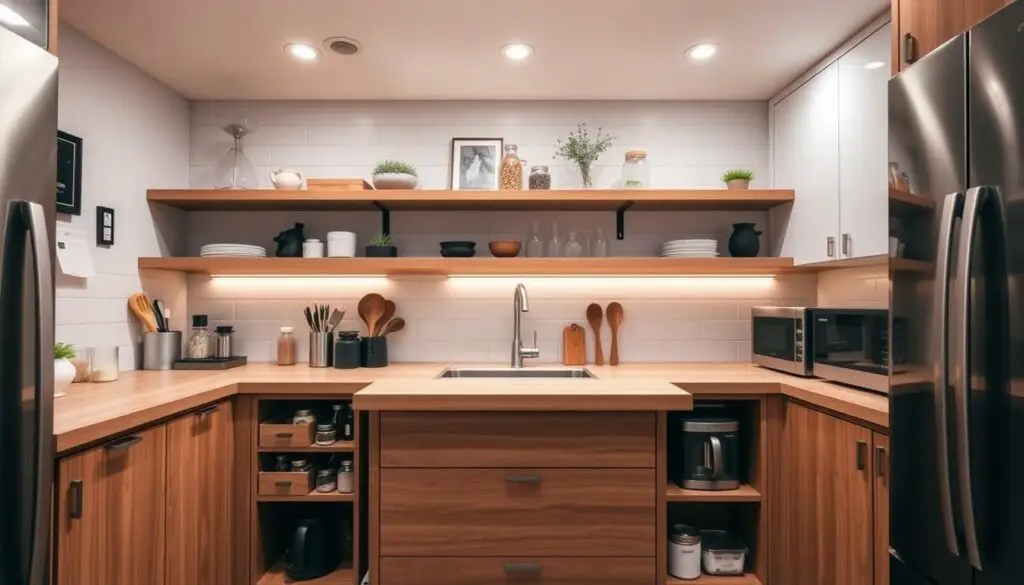 A well-organized, compact kitchen with strategically placed storage solutions. A wooden kitchen island serves as the focal point, its drawers and cabinets showcasing neatly arranged cooking utensils, spices, and small appliances. Above, open shelves display decorative items and frequently used items within easy reach. The backsplash features clean, minimalist tiles that complement the sleek, modern cabinetry. Soft, diffused lighting from recessed ceiling fixtures creates a warm, inviting atmosphere. The scene is captured from a slightly elevated angle, emphasizing the efficient use of vertical space and the cohesive, clutter-free design. A well-organized, compact kitchen with strategically placed storage solutions. A wooden kitchen island serves as the focal point, its drawers and cabinets showcasing neatly arranged cooking utensils, spices, and small appliances. Above, open shelves display decorative items and frequently used items within easy reach. The backsplash features clean, minimalist tiles that complement the sleek, modern cabinetry. Soft, diffused lighting from recessed ceiling fixtures creates a warm, inviting atmosphere. The scene is captured from a slightly elevated angle, emphasizing the efficient use of vertical space and the cohesive, clutter-free design.