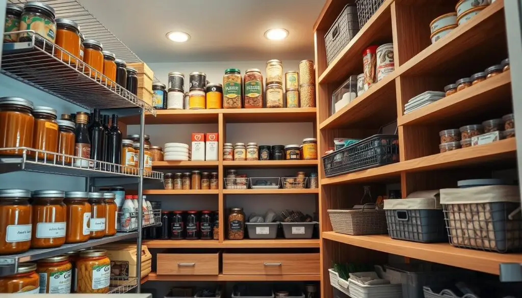 A well-organized pantry with efficient storage solutions for a small kitchen. Shelves stocked with jars, cans, and packages neatly arranged. Adjustable wire racks and sliding drawers maximize vertical space. Labeled bins and baskets keep items categorized and easily accessible. Soft, diffused lighting from recessed fixtures illuminates the orderly scene. The warm, wooden tones of the shelves contrast with the clean, white walls, creating a cozy, functional atmosphere. A close-up, slightly angled view captures the thoughtful design and practical organization of this versatile pantry storage. A well-organized pantry with efficient storage solutions for a small kitchen. Shelves stocked with jars, cans, and packages neatly arranged. Adjustable wire racks and sliding drawers maximize vertical space. Labeled bins and baskets keep items categorized and easily accessible. Soft, diffused lighting from recessed fixtures illuminates the orderly scene. The warm, wooden tones of the shelves contrast with the clean, white walls, creating a cozy, functional atmosphere. A close-up, slightly angled view captures the thoughtful design and practical organization of this versatile pantry storage.