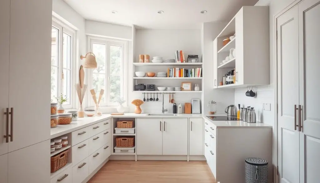 A well-organized small kitchen with efficient storage solutions. A bright, airy space with natural light flooding in through large windows. In the foreground, sleek white cabinets and drawers neatly arranged, showcasing a variety of labeled containers, jars, and baskets. The middle ground features a minimalist countertop with a few decorative accents, a modern backsplash, and a single-basin sink. In the background, a mix of open shelving and hidden storage units, holding a collection of cookbooks, utensils, and small appliances. The overall mood is one of calm, order, and functionality, with a touch of Scandinavian-inspired design. A well-organized small kitchen with efficient storage solutions. A bright, airy space with natural light flooding in through large windows. In the foreground, sleek white cabinets and drawers neatly arranged, showcasing a variety of labeled containers, jars, and baskets. The middle ground features a minimalist countertop with a few decorative accents, a modern backsplash, and a single-basin sink. In the background, a mix of open shelving and hidden storage units, holding a collection of cookbooks, utensils, and small appliances. The overall mood is one of calm, order, and functionality, with a touch of Scandinavian-inspired design.