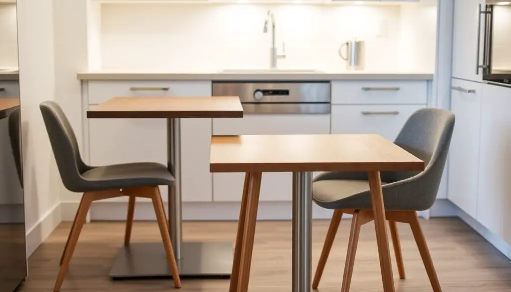 Compact dining tables, sleek and space-efficient, arranged in a well-lit, modern kitchen setting. Wooden tabletops with minimalist metal or natural legs, complemented by a pair of simple, upholstered chairs. The tables are positioned to create an intimate, cozy dining area, with soft, diffused lighting illuminating the scene. The kitchen features clean, white cabinetry and backsplash, creating a bright, airy atmosphere that enhances the compact dining arrangement. The overall composition conveys a sense of functional elegance, perfectly suited for a small kitchen space.
