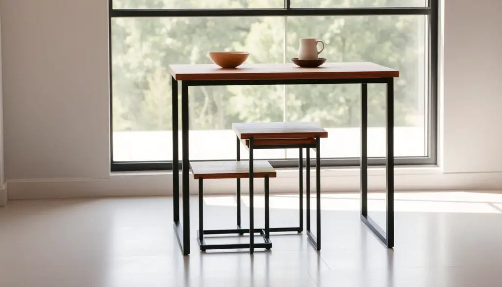 Minimalist, space-saving kitchen table with a modern, sleek design. The table features a compact, rectangular top in a warm wood tone, resting on a slim, metal frame with a matte black finish. Two smaller, nesting tables are tucked underneath, creating a flexible, multi-functional arrangement that can be easily reconfigured to suit different needs. The scene is bathed in soft, natural lighting from a large window, casting gentle shadows and highlighting the table's clean lines and elegant simplicity. The overall mood is one of efficient, clutter-free organization, perfectly suited for a compact kitchen space.