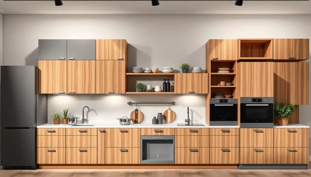Modular kitchen components arranged in a harmonious, modern display. Sleek, minimalist cabinets and drawers in a range of warm wood tones and muted greys, complemented by clean-lined countertops and metallic hardware. Shelves and open storage units showcase a curated selection of cookware, plants, and decorative accents. Soft, directional lighting from above casts a gentle glow, highlighting the depth and texture of the materials. The components are positioned to suggest endless customization possibilities, allowing the viewer to envision how these modular elements could be configured to create a personalized, functional kitchen space.