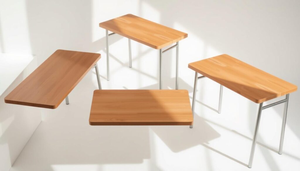 Portable kitchen tables, sleek and minimalist, floating against a bright, airy backdrop. Smooth wood surfaces, clean lines, and compact silhouettes, designed for versatile placement and easy maneuvering. Soft natural lighting accentuates the tables' practical yet stylish appeal, hinting at their ability to seamlessly integrate into any small kitchen space. The tables appear to be positioned at various angles, conveying a sense of flexibility and adaptability. The overall scene exudes a sense of order, simplicity, and functionality, perfectly encapsulating the "Use Portable Tables for Versatility" concept.