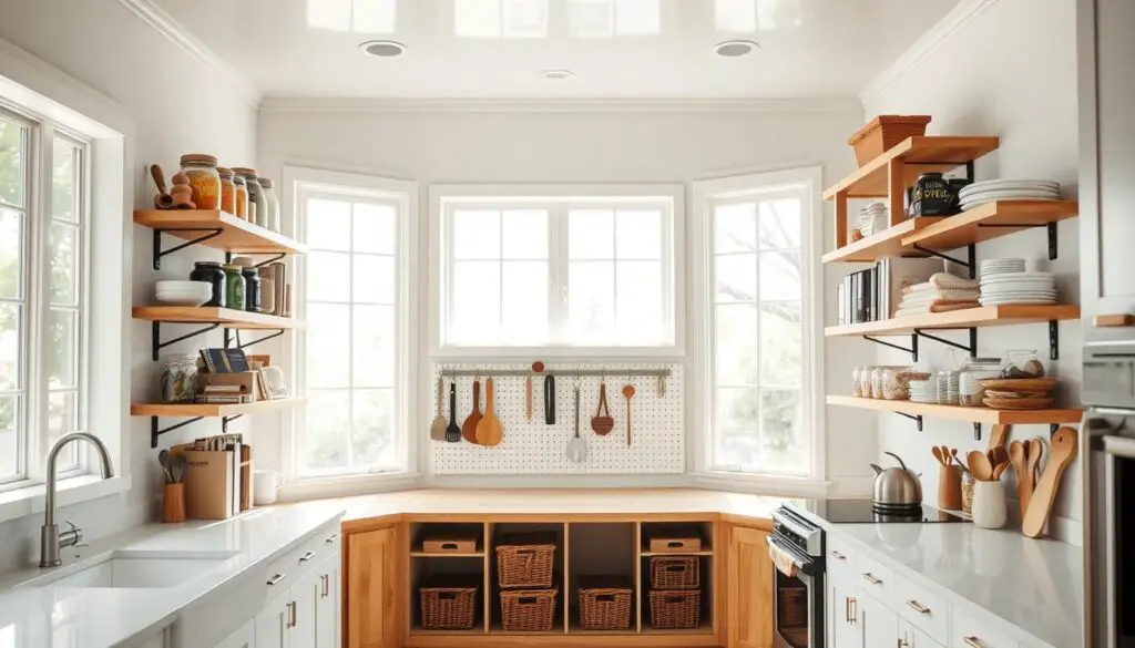 Prompt A bright, airy kitchen with ample vertical storage solutions. The foreground features custom-built wooden shelves and floating cabinets, showcasing an assortment of jars, utensils, and cookbooks. In the middle ground, a minimalist pegboard wall with hooks and small baskets adds functionality. The background depicts large windows flooding the space with natural light, creating a calming, zen-like atmosphere. The overall aesthetic blends modern design with rustic, farmhouse-inspired elements, resulting in a visually appealing and highly organized kitchen. Prompt A bright, airy kitchen with ample vertical storage solutions. The foreground features custom-built wooden shelves and floating cabinets, showcasing an assortment of jars, utensils, and cookbooks. In the middle ground, a minimalist pegboard wall with hooks and small baskets adds functionality. The background depicts large windows flooding the space with natural light, creating a calming, zen-like atmosphere. The overall aesthetic blends modern design with rustic, farmhouse-inspired elements, resulting in a visually appealing and highly organized kitchen.