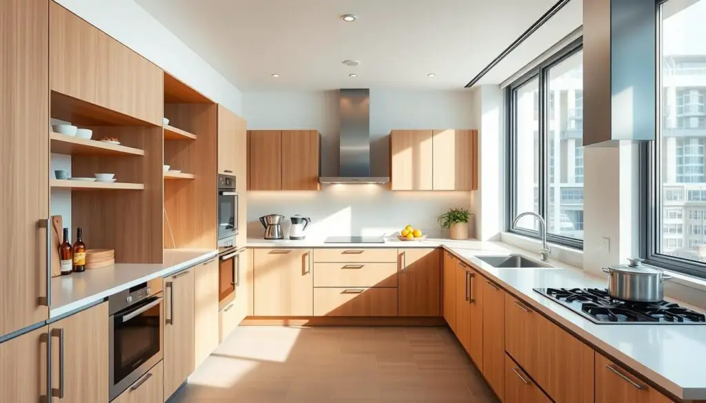 Sleek and efficient small modular kitchen, filled with modern appliances and storage solutions. Bright, natural lighting streams through large windows, highlighting clean lines and minimalist design. Streamlined cabinets in a warm, neutral palette accentuate the spacious feel. Ample countertops provide ample prep space, complemented by integrated sinks and cutting-edge cooking equipment. Thoughtful details like floating shelves, pull-out drawers, and recessed lighting create a highly functional, organized layout. The room exudes a sense of tranquility and sophisticated style, perfect for a contemporary urban home.