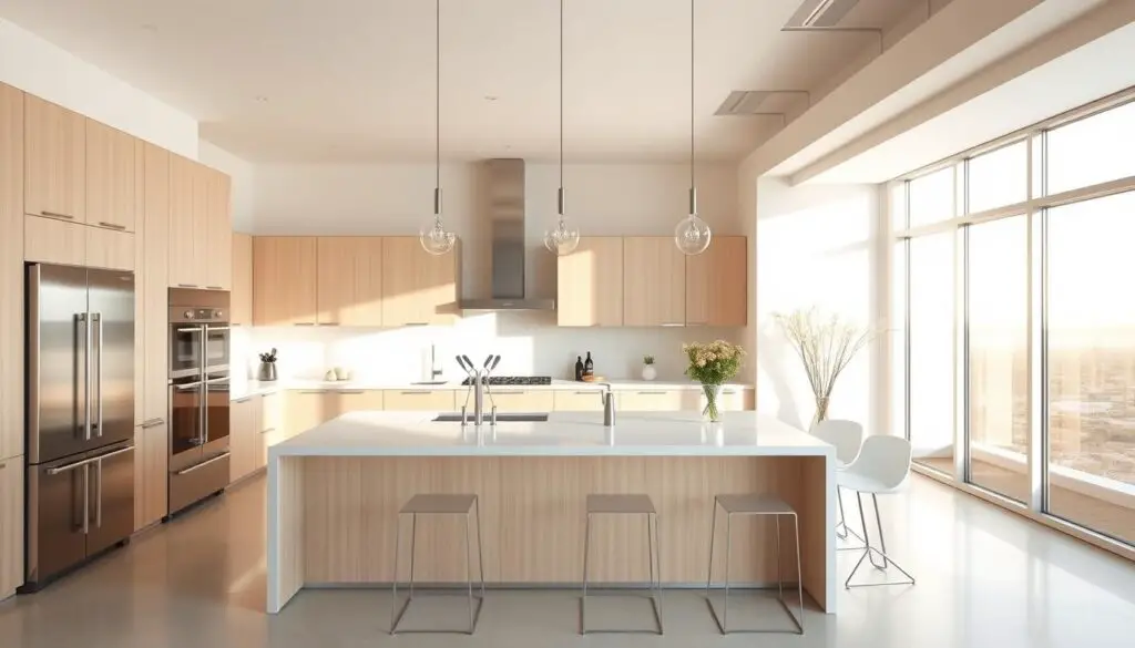 Sleek, modern open-concept kitchen with clean lines and minimalist design. Bright, natural lighting filters through large windows, casting a warm glow on the expansive white countertops and light wood cabinetry. A central island with bar seating acts as the focal point, seamlessly integrating the cooking and dining areas. Stainless steel appliances gleam, complementing the overall streamlined aesthetic. The layout is both functional and visually appealing, showcasing how an open floor plan can maximize the sense of space in a small modular kitchen.
