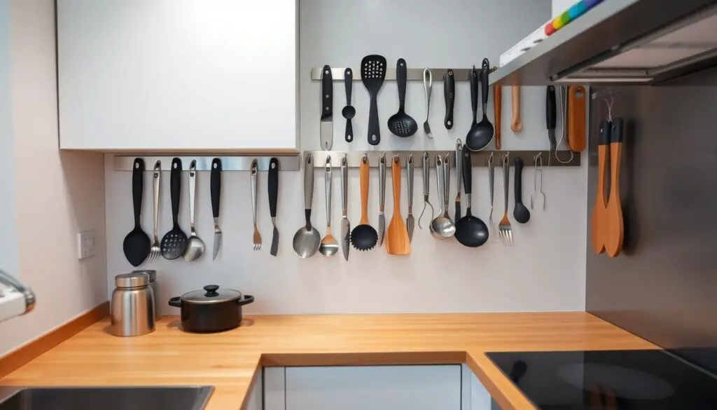 a compact, well-organized kitchen with a magnetic strip on the wall holding a variety of kitchen tools and utensils, including spatulas, tongs, ladles, and small knives. The kitchen has a minimalist, modern aesthetic with white cabinets, a sleek stainless steel backsplash, and a natural wood countertop. The lighting is soft and even, creating a warm and inviting atmosphere. The camera angle is slightly elevated, capturing the full view of the magnetic strip and the organized kitchen tools, showcasing the efficient use of vertical space and the convenience of having essential items within easy reach.
