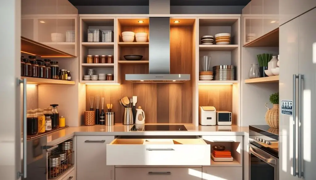 a compact, well-organized kitchen with sleek, minimalist cabinets and shelves, showcasing innovative storage solutions. The foreground features a variety of kitchen essentials neatly arranged, including jars, containers, and kitchen tools. The middle ground highlights a pull-out drawer system, maximizing the cabinet space. In the background, a mix of open and closed storage elements creates a visually appealing and functional layout. The scene is illuminated by warm, natural lighting, casting a cozy and inviting atmosphere. The overall composition emphasizes efficient organization and space optimization, perfectly capturing the "Optimize Cabinet Space" theme.
