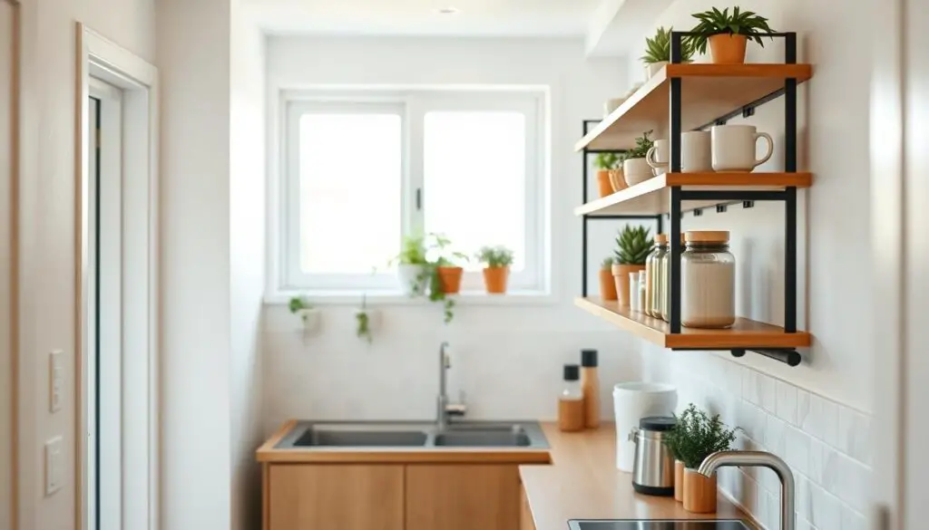 a cozy and efficient small kitchen interior, with a focus on vertical storage solutions. The foreground features a clean, minimalist wall-mounted shelving unit, its sleek wooden shelves neatly arranged and adorned with potted plants, jars, and a few carefully selected kitchen essentials. The middle ground showcases a compact countertop, with a simple and modern backsplash tile pattern. In the background, a window allows natural light to flood the space, creating a warm and inviting atmosphere. The overall composition emphasizes the effective use of vertical space, showcasing how strategic storage can maximize the functionality of a small kitchen without sacrificing style.