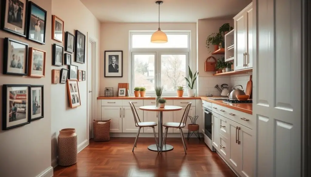 a cozy and inviting small kitchen with warm lighting, hardwood floors, and minimalist white cabinets. in the foreground, a variety of framed artwork and personal photographs are arranged creatively on the walls, adding pops of color and personality to the space. in the middle ground, a small dining table with two chairs is positioned near a large window, allowing natural light to flood the room. the background features a simple backsplash and a few potted plants, creating a charming and homey atmosphere.