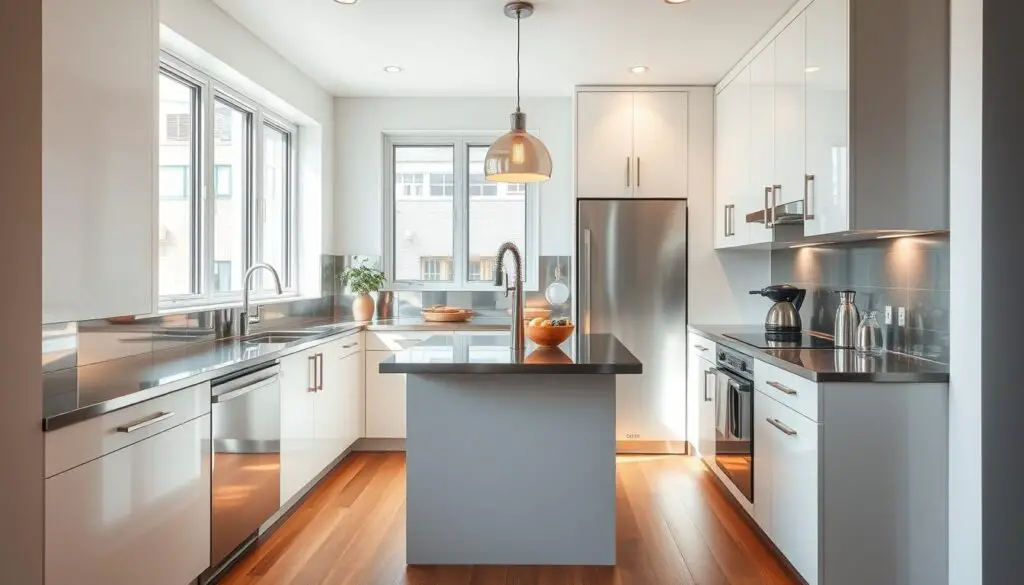 a cozy small kitchen with sleek reflective surfaces, filled with natural light from large windows. the countertops and backsplash are made of highly polished stainless steel, creating a modern and minimalist aesthetic. the cabinets are a soft white hue, with integrated handles for a clean, seamless look. a central island with a waterfall-style countertop acts as the focal point, offering additional prep space and storage. the floor is covered in warm-toned hardwood planks, adding a natural element to the space. subtle task lighting illuminates the work areas, while a pendant light over the island casts a gentle glow. the overall atmosphere is one of sophistication and functionality, perfectly suited for a small, urban kitchen.