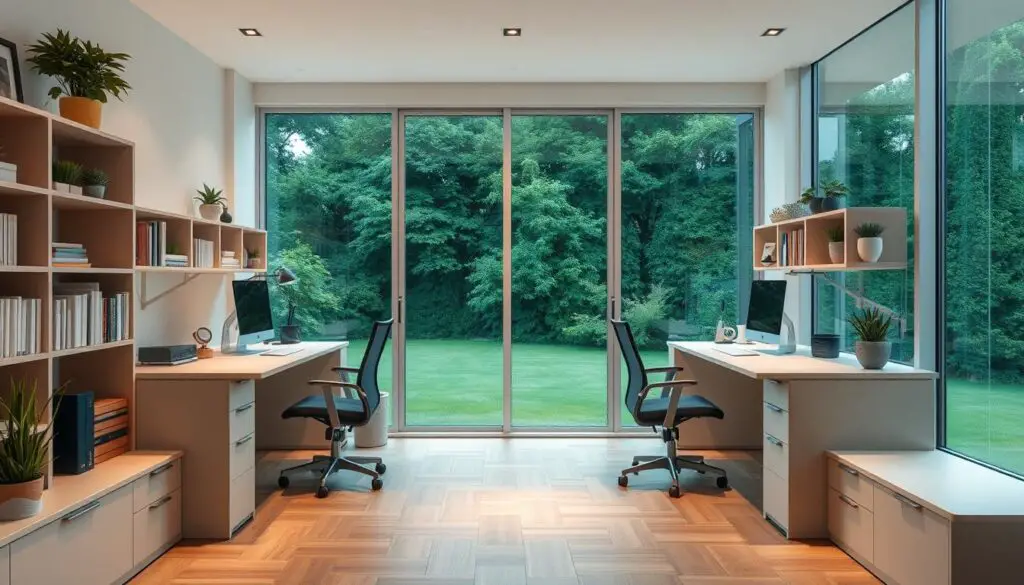 a cozy, well-organized home office with space-saving modular workstations, featuring sleek, minimalist desks with built-in shelving and storage, positioned in a bright, airy room with large windows overlooking a lush, verdant landscape, illuminated by soft, natural lighting, creating a serene and productive atmosphere for focused work.