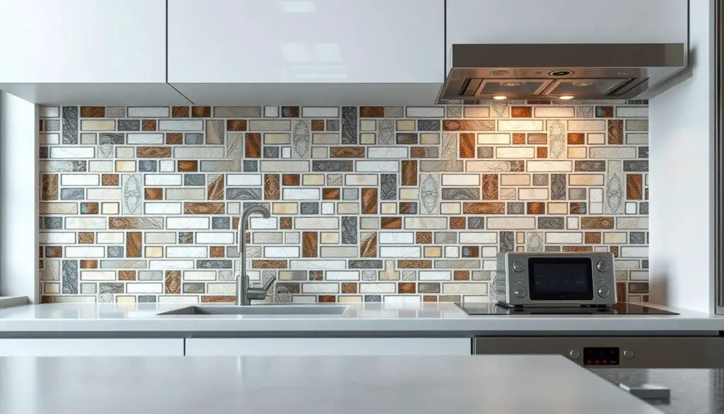 a highly detailed, photorealistic image of a decorative kitchen backsplash, seen from a low angle that highlights the intricate tile patterns and textures. The backsplash takes up the majority of the frame, with a clean, minimalist kitchen counter and appliances visible in the foreground. The backsplash features a mix of geometric and organic shapes, with a variety of colors and materials, including natural stone, glass, and metallic accents. The lighting is soft and diffused, creating a warm, inviting atmosphere. The overall composition emphasizes the beauty and craftsmanship of the backsplash design, showcasing it as a prominent design element in a small kitchen space. a highly detailed, photorealistic image of a decorative kitchen backsplash, seen from a low angle that highlights the intricate tile patterns and textures. The backsplash takes up the majority of the frame, with a clean, minimalist kitchen counter and appliances visible in the foreground. The backsplash features a mix of geometric and organic shapes, with a variety of colors and materials, including natural stone, glass, and metallic accents. The lighting is soft and diffused, creating a warm, inviting atmosphere. The overall composition emphasizes the beauty and craftsmanship of the backsplash design, showcasing it as a prominent design element in a small kitchen space.