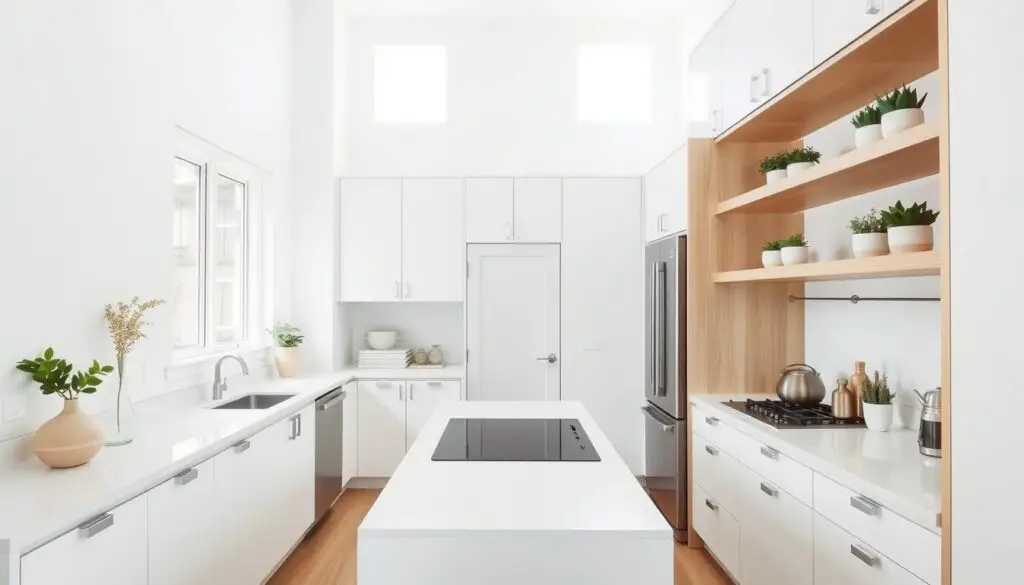 a minimalist, clean, and well-organized tiny kitchen layout with high ceilings, abundant natural light, and tall cabinets that maximize vertical storage space. The kitchen features a neutral color palette of crisp white walls, light wood accents, and stainless steel appliances. The focal point is a sleek, minimalist island with a compact induction cooktop and plenty of counter space for meal prep. Floating shelves line the walls, displaying decorative vases, potted herbs, and a few carefully curated kitchen essentials. The overall atmosphere is bright, airy, and serene, conveying a sense of thoughtful design and efficient use of a compact footprint.