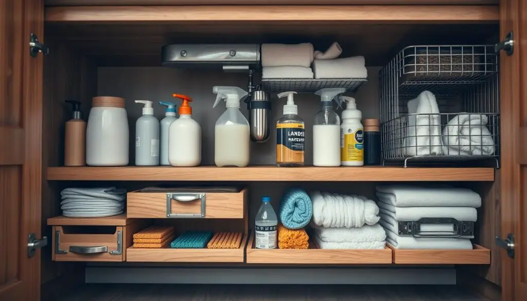 a minimalist, well-organized under-sink storage area with various shelves, drawers, and compartments made of wood, metal, and wire mesh, showcasing a range of neatly arranged cleaning supplies, sponges, and other kitchen essentials, illuminated by warm, diffused lighting and shot from a low, close-up angle to emphasize the practical and visually appealing nature of the storage solutions
