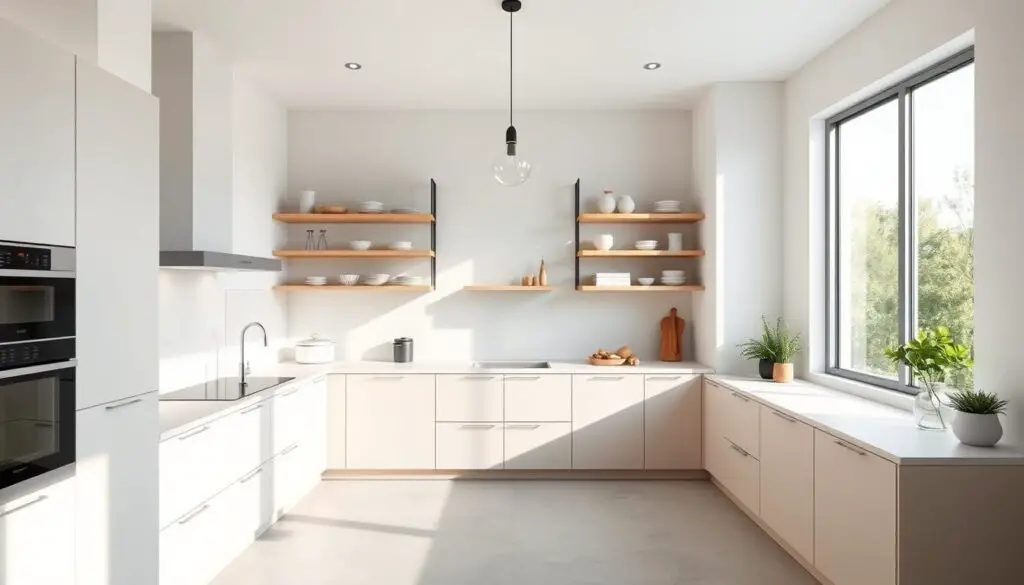 a modern, minimalist kitchen layout with clean lines, ample natural lighting, and efficient storage solutions. the foreground features a sleek, L-shaped kitchen counter with built-in appliances and a large sink. the middle ground showcases a minimalist backsplash, pendant lighting, and open shelving showcasing stylish kitchenware. the background depicts a large window that floods the space with natural light, creating a bright and airy atmosphere. the overall design emphasizes functionality, organization, and a calming, contemporary aesthetic.