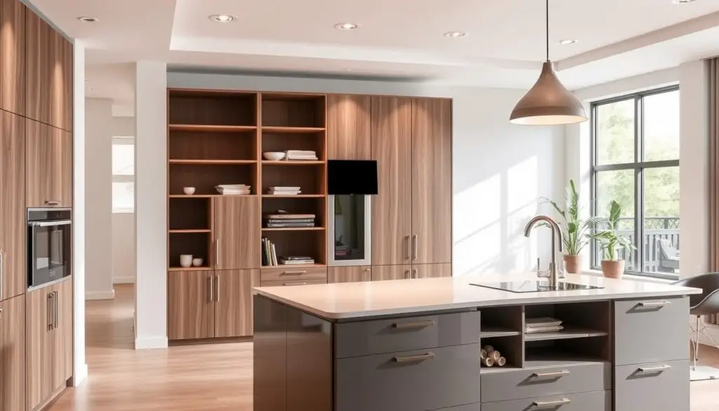 a modern, stylish kitchen with multifunctional furniture. in the foreground, a sleek kitchen island with built-in shelves, drawers, and a compact stovetop. the island features a minimalist, monochrome design with clean lines and a smooth, durable surface. in the middle ground, a tall, freestanding cabinet with multiple compartments and adjustable shelves, providing ample storage and organization. the cabinet is made of high-quality, sustainable materials, complementing the overall kitchen aesthetic. the background showcases a bright, airy space with large windows, allowing natural light to flood the room. the lighting is a combination of recessed ceiling fixtures and pendant lamps, creating a warm, inviting atmosphere. the overall mood is one of functionality, efficiency, and modern elegance.