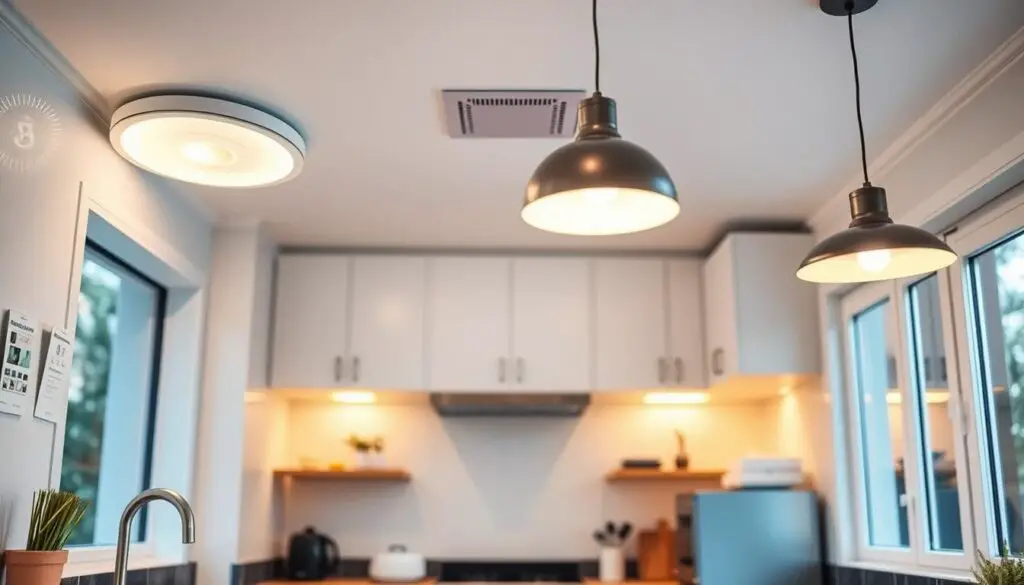 a neatly organized kitchen interior with a variety of compact, energy-efficient lighting solutions in the foreground, including recessed downlights, sleek under-cabinet fixtures, and minimalist pendant lamps that create a warm, cozy ambiance. in the middle ground, the kitchen cabinets and countertops have a modern, streamlined design that maximizes storage and workflow. the background features large windows that allow natural light to flood the space, complementing the artificial lighting. the overall scene conveys a sense of efficiency, functionality, and a refined, elegant aesthetic suitable for a small kitchen. a neatly organized kitchen interior with a variety of compact, energy-efficient lighting solutions in the foreground, including recessed downlights, sleek under-cabinet fixtures, and minimalist pendant lamps that create a warm, cozy ambiance. in the middle ground, the kitchen cabinets and countertops have a modern, streamlined design that maximizes storage and workflow. the background features large windows that allow natural light to flood the space, complementing the artificial lighting. the overall scene conveys a sense of efficiency, functionality, and a refined, elegant aesthetic suitable for a small kitchen.