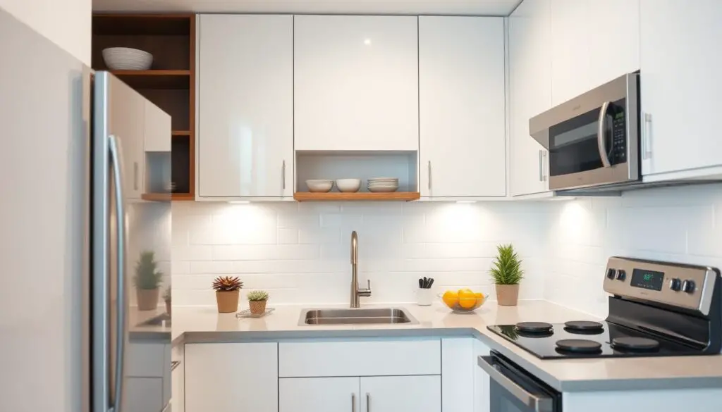 a neatly organized small kitchen, featuring minimalist white cabinets, sleek stainless steel appliances, and a minimalistic backsplash. The countertops are clear, with a few carefully placed plants and a simple fruit bowl, conveying a sense of calm and order. The lighting is soft and diffused, creating a warm and inviting atmosphere. The kitchen is captured from a slightly overhead angle, showcasing the efficient and well-thought-out layout. The overall impression is one of a clutter-free, budget-friendly space that maximizes functionality and aesthetic appeal.