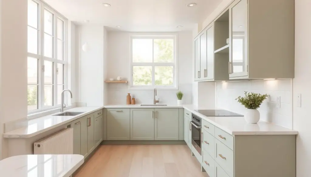 a small modern kitchen interior with a light, bright color palette. the kitchen countertops are made of white marble with delicate gray veining. the cabinets are painted in a soft, muted shade of sage green. the backsplash features sleek, rectangular subway tiles in a pale gray hue. the lighting is a mix of recessed ceiling lights and a minimalist, brushed nickel pendant over the central island. large windows flood the space with natural daylight, casting a warm, airy glow throughout. the floor is covered in light-colored wood planks. the overall atmosphere is calming, serene and inviting.
