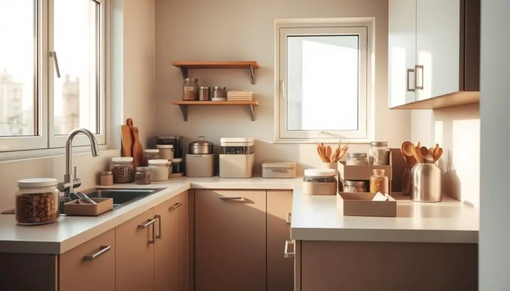 a tiny, well-organized kitchen with sleek, modern cabinets and minimalist countertops. on the countertop, an array of compact storage containers, jars, and modular organizers in muted tones, neatly arranged to maximize the limited space. the kitchen is bathed in warm, natural light from large windows, casting soft shadows and highlighting the clean, uncluttered design. the overall atmosphere is one of efficiency, functionality, and a sense of order amidst the constraints of a small space. a tiny, well-organized kitchen with sleek, modern cabinets and minimalist countertops. on the countertop, an array of compact storage containers, jars, and modular organizers in muted tones, neatly arranged to maximize the limited space. the kitchen is bathed in warm, natural light from large windows, casting soft shadows and highlighting the clean, uncluttered design. the overall atmosphere is one of efficiency, functionality, and a sense of order amidst the constraints of a small space.