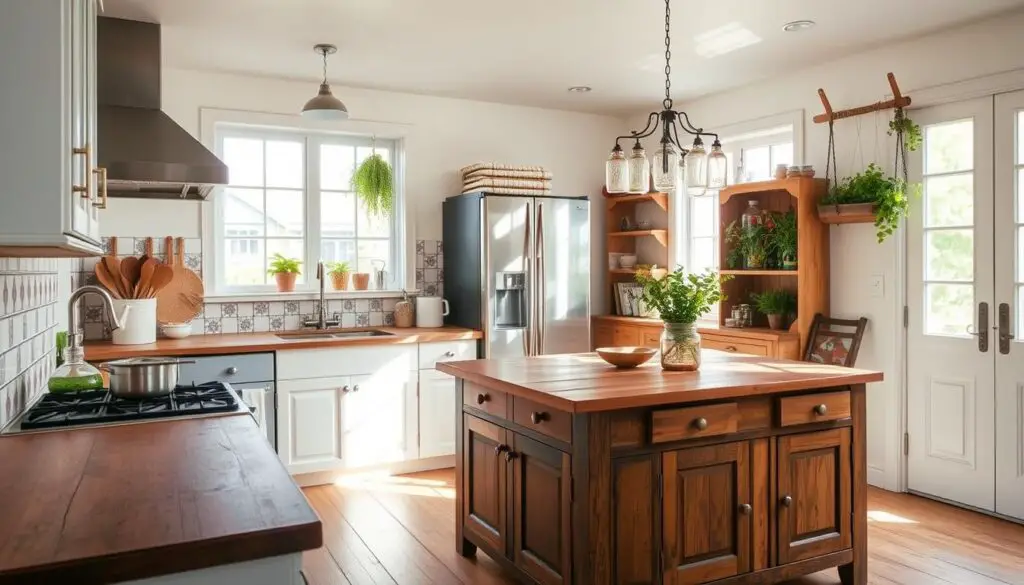 a well-lit kitchen interior with a focus on DIY upgrades and custom touches, such as a rustic wooden countertop with a hand-painted tile backsplash, a salvaged vintage cabinet repurposed as a kitchen island, and a hanging herb garden made from recycled jars. The space has a warm, cozy atmosphere with soft natural lighting filtering through large windows, highlighting the homemade and upcycled elements. The overall aesthetic is a harmonious blend of modern functionality and charming, budget-friendly personalization.