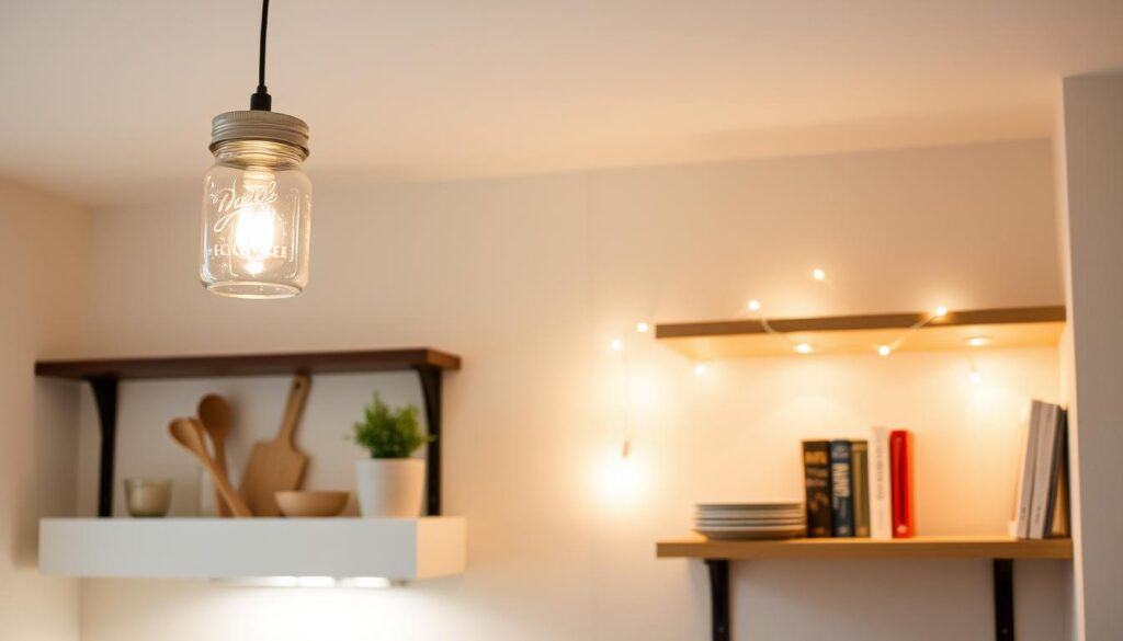 a well-lit kitchen with DIY lighting upgrades, such as a simple, minimalist pendant light fixture made from a repurposed mason jar or a string of fairy lights draped along open shelving, illuminating a few basic but stylish kitchen items like a glass jar filled with cooking utensils, a small potted plant, and a few cookbooks neatly arranged on the shelves, all set against a neutral-toned, airy background that creates a warm, inviting atmosphere perfect for a small budget kitchen makeover