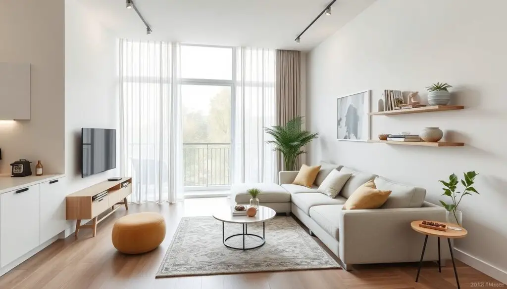 a clean, minimalist living room with a compact L-shaped sectional sofa, a small round side table, and a wall-mounted floating shelves unit displaying decorative items. The room has large windows with sheer curtains, allowing natural light to fill the space. The furniture is arranged in a way that maximizes the available floor space, with a neutral color palette and clean lines. The overall atmosphere is cozy and inviting, with a focus on functionality and space-saving design.