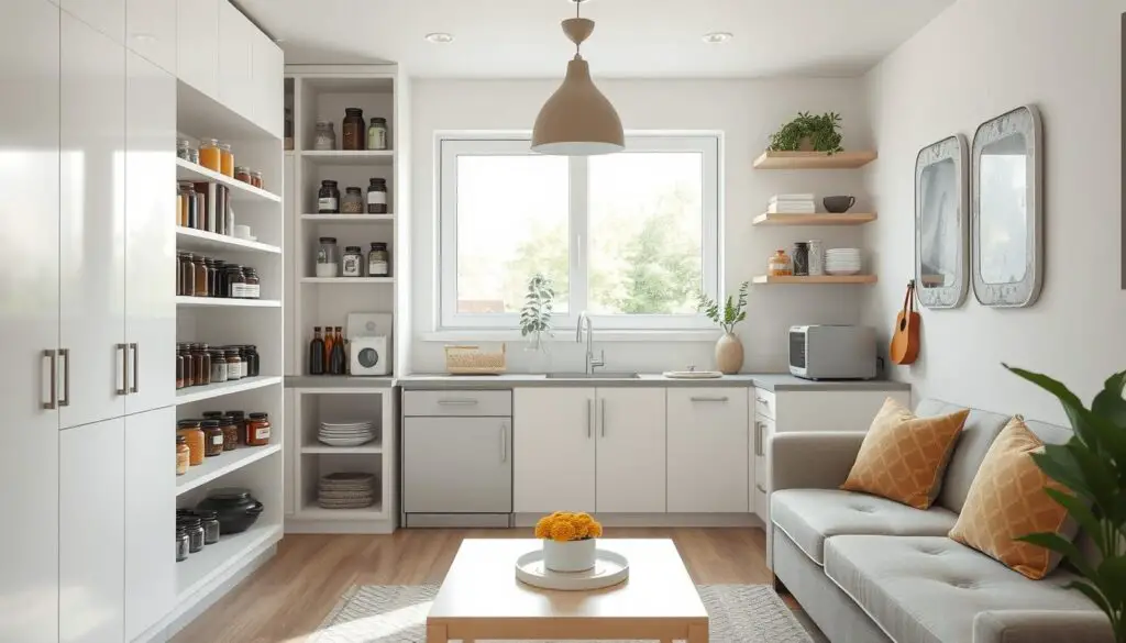 A cozy, well-lit small kitchen with a focus on storage solutions. In the foreground, sleek, minimalist cabinets and shelves maximize vertical space, neatly displaying a variety of jars, bottles, and kitchen essentials. The middle ground features a compact, L-shaped counter with a simple, modern design, complemented by a small sink and a few strategically placed appliances. In the background, a large window floods the space with natural light, creating a bright and airy atmosphere. The overall mood is one of efficiency, organization, and a clever use of limited square footage.