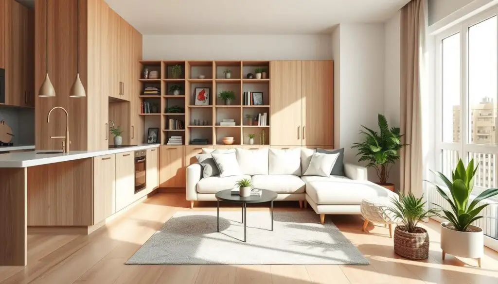 A cozy, compact living room with efficient vertical storage solutions. An airy, sun-drenched space featuring a sleek, minimalist sectional sofa nestled against a wall of floor-to-ceiling shelves and cabinets. Soft, natural lighting filters through large windows, casting a warm, inviting glow on the pale hardwood floors and neutral-toned decor. Potted plants and a small, round coffee table on a geometric rug complete the stylish, space-saving layout, perfectly suited for a modern urban home.