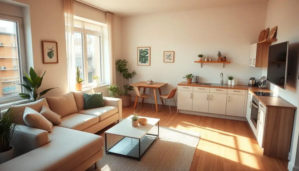 A cozy and well-organized small apartment layout, showcasing an open-plan kitchen and living room arrangement. The space is bathed in warm, natural lighting from large windows, casting a soft glow across the neutral-toned furnishings. A modular sofa and loveseat create a conversational seating area, complemented by a sleek, minimalist coffee table. The kitchen features a compact L-shaped layout with modern, light-colored cabinetry and a small dining table that doubles as a workspace. Potted plants and subtle wall decor add touches of greenery and personality throughout the space. The overall aesthetic is one of functionality, simplicity, and a harmonious blend of the kitchen and living zones.