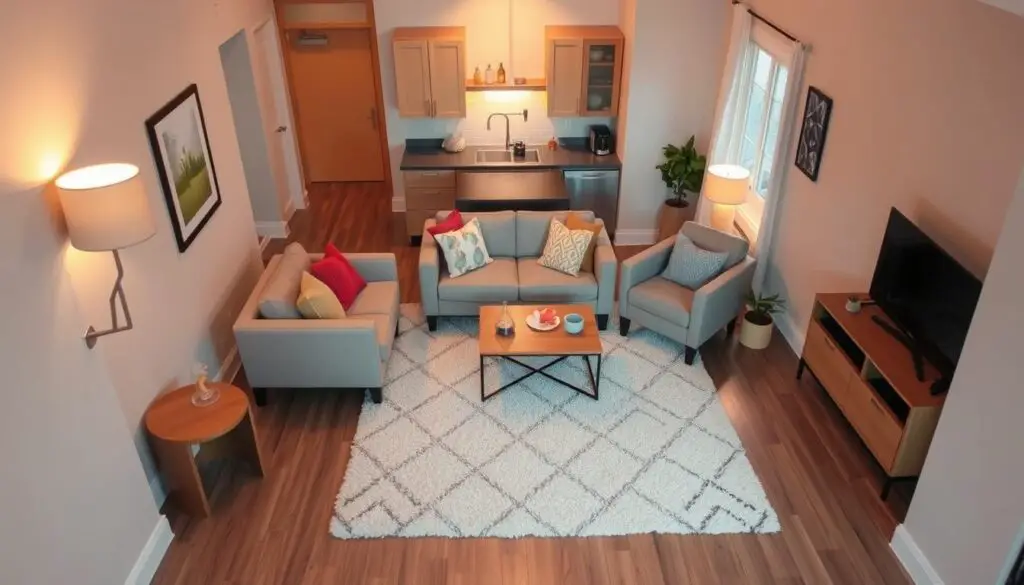 A cozy and well-defined compact living room layout with a plush area rug in the center, anchoring the space. Warm lighting gently illuminates the room, creating a inviting ambiance. A small sofa and armchair sit atop the rug, arranged to encourage conversation and relaxation. Neutral tones and textures in the furnishings, complemented by pops of color in accent pillows and decor. The layout is carefully balanced, with a sense of harmony and flow. The room exudes a sense of comfort and intentional design, perfect for showcasing how rugs and carpets can delineate zones within a small living area.