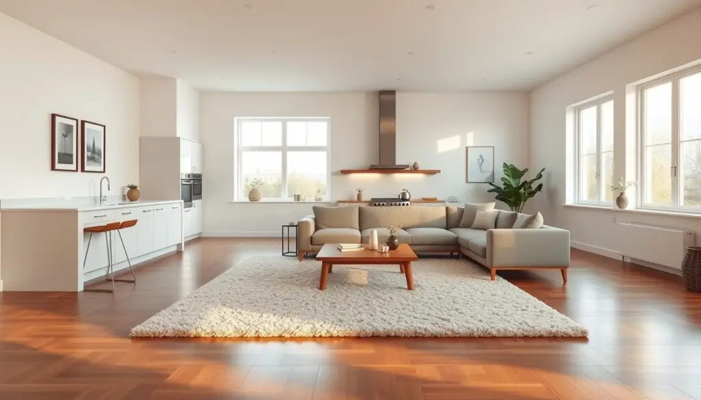 A cozy open-plan living room with a plush area rug defining the space. Soft, warm lighting illuminates the hardwood floors and minimalist furniture - a modern, L-shaped sofa and a low wooden coffee table. Abundant natural light floods in through large windows, casting a serene, airy ambiance. Crisp white walls, accented by a few framed artworks, create a clean, streamlined backdrop. Subtle textures and muted colors in the rug and soft furnishings lend a harmonious, inviting atmosphere. The room exudes a sense of calm and sophisticated simplicity, perfect for relaxation and entertaining.