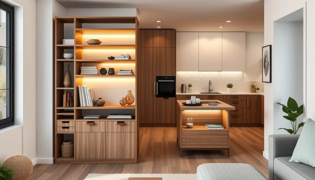 Compact yet ingenious small space organization. Sleek modular shelving unit in the foreground, its minimalist design accentuated by warm ambient lighting. Cleverly integrated drawers and compartments maximize storage in a tidy, uncluttered manner. In the middle ground, a multifunctional kitchen island with hidden storage and a slim, space-saving silhouette. The background showcases a neutral color palette and clean, modern lines, creating a sense of harmonious, functional elegance.