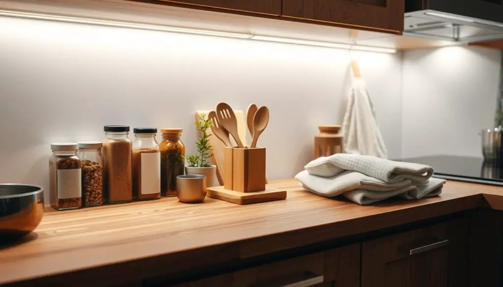 A cozy kitchen counter with sleek LED strip lighting illuminating a neatly organized assortment of everyday cooking essentials - spice jars, a small potted plant, a wooden utensil holder, and a few artfully arranged kitchen towels. The counter surface is a warm, natural wood tone, lending a rustic yet refined ambiance. Soft shadows and highlights create depth and dimension, while the overall composition conveys a sense of harmony and efficiency. The lighting casts a gentle, even glow that enhances the tidy, practical arrangement of the items, perfectly suited for the "Choose the Right Lighting" section of the article.