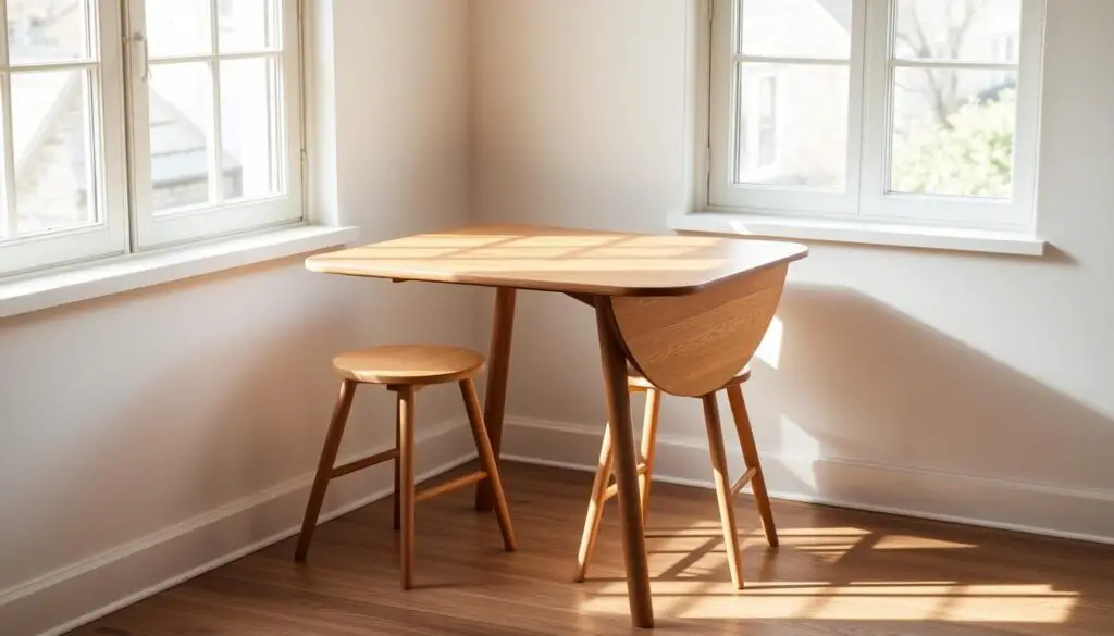 A beautifully designed drop-leaf kitchen table, its sleek wood surface elegantly folded against the wall, creating a seamless, space-saving silhouette. Soft, natural lighting filters in through large windows, casting a warm, cozy glow on the minimalist, Scandinavian-inspired design. The table's clean lines and subtle curves are complemented by a pair of matching wooden chairs, their slim profiles tucked neatly beneath the tabletop when not in use. The overall scene exudes a sense of effortless functionality and refined aesthetic, perfectly suited for a small kitchen or nook.