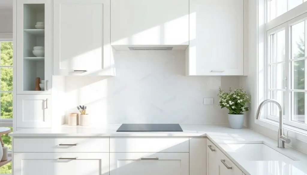 A bright, airy white kitchen with a visually striking backsplash design. The backsplash features a geometric pattern of contrasting matte and glossy white tiles, creating a subtle textural interplay that adds visual depth and visual interest to the space. The tiles are arranged in a clean, symmetrical layout that complements the minimalist, modern aesthetic of the kitchen. Abundant natural light streams in through large windows, illuminating the backsplash and lending a fresh, open feel to the room. The backsplash takes center stage, serving as a sophisticated focal point that elevates the overall design of this stylish white kitchen. A bright, airy white kitchen with a visually striking backsplash design. The backsplash features a geometric pattern of contrasting matte and glossy white tiles, creating a subtle textural interplay that adds visual depth and visual interest to the space. The tiles are arranged in a clean, symmetrical layout that complements the minimalist, modern aesthetic of the kitchen. Abundant natural light streams in through large windows, illuminating the backsplash and lending a fresh, open feel to the room. The backsplash takes center stage, serving as a sophisticated focal point that elevates the overall design of this stylish white kitchen.