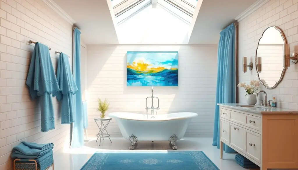 A bright and airy blue and white bathroom with a focal point artwork. The room has white subway tile walls, a freestanding claw-foot tub, and a marble vanity top. Soft blue accents in the towels, rug, and window curtains create a calming, elegant atmosphere. Overhead, a large skylight floods the space with natural light, casting warm shadows and highlights. The artwork, a vibrant abstract landscape, hangs prominently above the tub, elevating the room with its striking colors and bold composition. The overall scene evokes a relaxing, spa-like experience. A bright and airy blue and white bathroom with a focal point artwork. The room has white subway tile walls, a freestanding claw-foot tub, and a marble vanity top. Soft blue accents in the towels, rug, and window curtains create a calming, elegant atmosphere. Overhead, a large skylight floods the space with natural light, casting warm shadows and highlights. The artwork, a vibrant abstract landscape, hangs prominently above the tub, elevating the room with its striking colors and bold composition. The overall scene evokes a relaxing, spa-like experience.