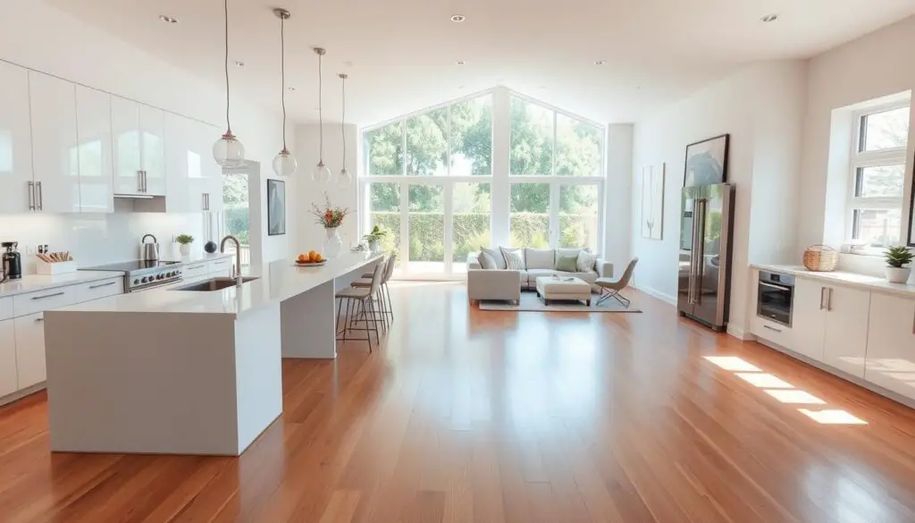 A bright and airy open-concept kitchen and living room, with a seamless flow between the two spaces. The kitchen features sleek white cabinets, a large central island, and stainless steel appliances. The living area has a comfortable sofa and armchair arrangement, with a large window overlooking a lush garden. Natural light pours in, creating a warm and inviting atmosphere. The flooring is a beautiful hardwood, tying the spaces together. A modern, minimalist aesthetic prevails, with carefully selected decor and artwork accentuating the clean lines and open feel of the layout. A bright and airy open-concept kitchen and living room, with a seamless flow between the two spaces. The kitchen features sleek white cabinets, a large central island, and stainless steel appliances. The living area has a comfortable sofa and armchair arrangement, with a large window overlooking a lush garden. Natural light pours in, creating a warm and inviting atmosphere. The flooring is a beautiful hardwood, tying the spaces together. A modern, minimalist aesthetic prevails, with carefully selected decor and artwork accentuating the clean lines and open feel of the layout.