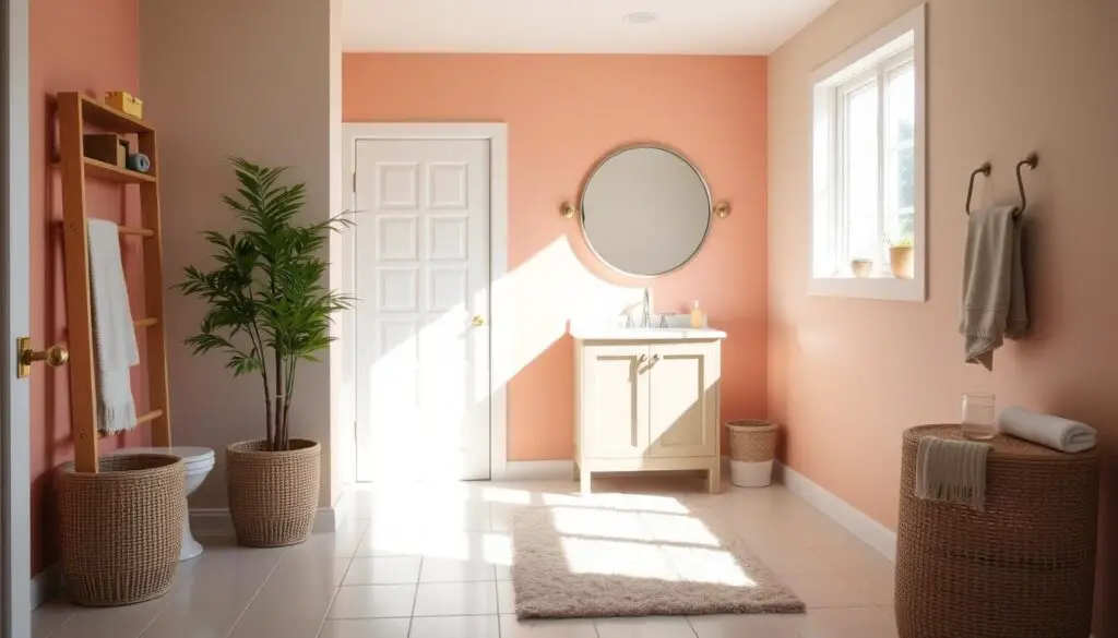 A bright, cheerful bathroom with a fresh, budget-friendly makeover. The walls are painted in a lively, pastel-hued color palette, creating a warm and inviting atmosphere. The tiled floor reflects the natural light streaming in through the large window, illuminating the space. A simple, modern vanity with a clean-lined design stands as the focal point, complemented by a round mirror that adds a touch of elegance. Accent pieces, such as a plush, textured rug and a potted plant, infuse the room with a cozy, lived-in feel. The overall aesthetic is one of a relaxing, spa-like oasis, achieved through the strategic use of color and basic, yet thoughtfully selected decor. A bright, cheerful bathroom with a fresh, budget-friendly makeover. The walls are painted in a lively, pastel-hued color palette, creating a warm and inviting atmosphere. The tiled floor reflects the natural light streaming in through the large window, illuminating the space. A simple, modern vanity with a clean-lined design stands as the focal point, complemented by a round mirror that adds a touch of elegance. Accent pieces, such as a plush, textured rug and a potted plant, infuse the room with a cozy, lived-in feel. The overall aesthetic is one of a relaxing, spa-like oasis, achieved through the strategic use of color and basic, yet thoughtfully selected decor.