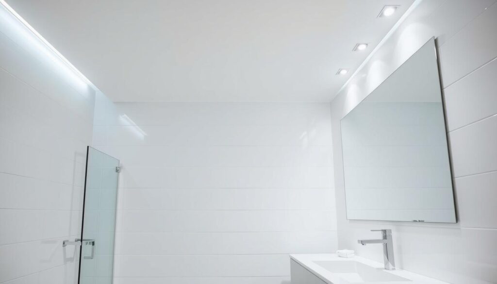 A bright, modern bathroom illuminated by sleek, recessed LED lighting fixtures. The fixtures are evenly spaced along the ceiling, casting a warm, diffused glow throughout the space. Smooth, white ceramic tiles line the walls, reflecting the light and creating a clean, minimalist aesthetic. A large wall-mounted mirror extends the length of the vanity, further enhancing the sense of openness and illumination. Subtle chrome accents on the faucet and towel bars add a touch of sophistication. The overall mood is one of tranquility and relaxation, inviting the viewer to imagine themselves in this serene, well-lit oasis.