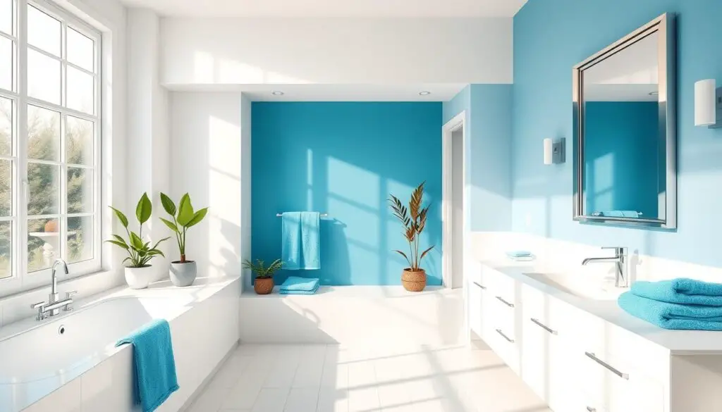 A bright, modern bathroom with a statement blue accent wall. Sunlight floods the space, illuminating the crisp white tiles, sleek vanity, and elegant chrome fixtures. Plush towels in shades of azure and turquoise add pops of color, while a large framed mirror reflects the room's architectural details. Potted plants and a minimal, minimalist decor scheme create a soothing, spa-like ambiance. Captured with a wide-angle lens, the image showcases the harmonious blend of blue and white in this serene, beautifully designed bathroom retreat. A bright, modern bathroom with a statement blue accent wall. Sunlight floods the space, illuminating the crisp white tiles, sleek vanity, and elegant chrome fixtures. Plush towels in shades of azure and turquoise add pops of color, while a large framed mirror reflects the room's architectural details. Potted plants and a minimal, minimalist decor scheme create a soothing, spa-like ambiance. Captured with a wide-angle lens, the image showcases the harmonious blend of blue and white in this serene, beautifully designed bathroom retreat.