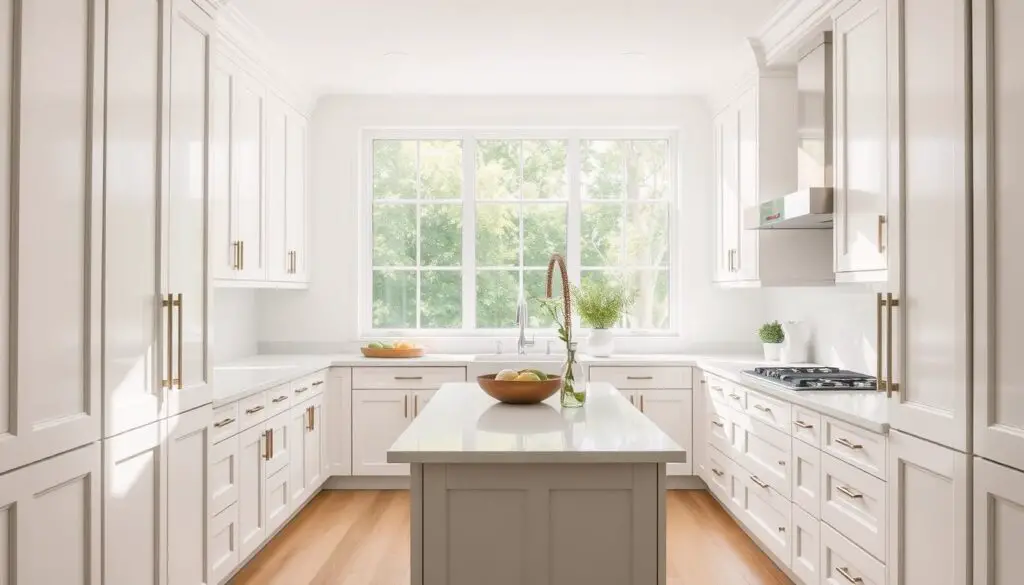 A bright, modern kitchen with pristine white shaker-style cabinets. The cabinets have a sleek, minimalist design with clean lines and recessed pulls, maximizing storage space. Soft, diffused natural light filters in through large windows, creating a warm, airy atmosphere. The kitchen countertops are a light, neutral quartz, complementing the white cabinetry. The layout is efficient and streamlined, with a central island providing additional prep space and storage. Subtle, understated hardware and accents add a touch of sophistication. This well-organized, functional kitchen embodies the essence of a small, bright, and space-optimized design. A bright, modern kitchen with pristine white shaker-style cabinets. The cabinets have a sleek, minimalist design with clean lines and recessed pulls, maximizing storage space. Soft, diffused natural light filters in through large windows, creating a warm, airy atmosphere. The kitchen countertops are a light, neutral quartz, complementing the white cabinetry. The layout is efficient and streamlined, with a central island providing additional prep space and storage. Subtle, understated hardware and accents add a touch of sophistication. This well-organized, functional kitchen embodies the essence of a small, bright, and space-optimized design.