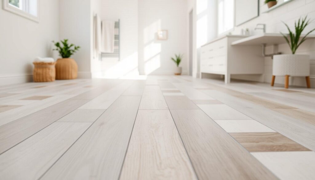 A bright, well-lit bathroom interior with a focus on the floor. In the foreground, a variety of budget-friendly flooring options are showcased, including vinyl planks, laminate tiles, and ceramic squares in neutral tones like gray, beige, and white. The middle ground features a tiled floor with a simple, clean pattern, while the background shows a minimalist bathroom design with white walls, a vanity, and a window allowing natural light to stream in. The overall atmosphere is one of airy, modern simplicity, highlighting the cost-effective yet stylish flooring choices. A bright, well-lit bathroom interior with a focus on the floor. In the foreground, a variety of budget-friendly flooring options are showcased, including vinyl planks, laminate tiles, and ceramic squares in neutral tones like gray, beige, and white. The middle ground features a tiled floor with a simple, clean pattern, while the background shows a minimalist bathroom design with white walls, a vanity, and a window allowing natural light to stream in. The overall atmosphere is one of airy, modern simplicity, highlighting the cost-effective yet stylish flooring choices.