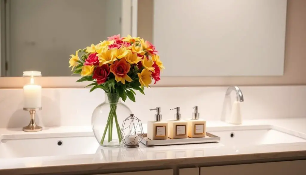 A chic double sink countertop adorned with a harmonious arrangement of decorative elements. In the foreground, an elegant glass vase holds a vibrant bouquet of fresh flowers, casting a warm, natural glow. Beside it, a modern geometric candle holder casts a soft, ambient light. In the middle, a sleek, marble-like surface showcases a trio of artisanal soap dispensers and a minimalist mirror tray. The background features a sophisticated neutral-toned backsplash, accentuating the overall refined and stylish aesthetic. Soft, diffused lighting from above creates a tranquil, inviting atmosphere, perfect for a luxurious double sink bathroom.
