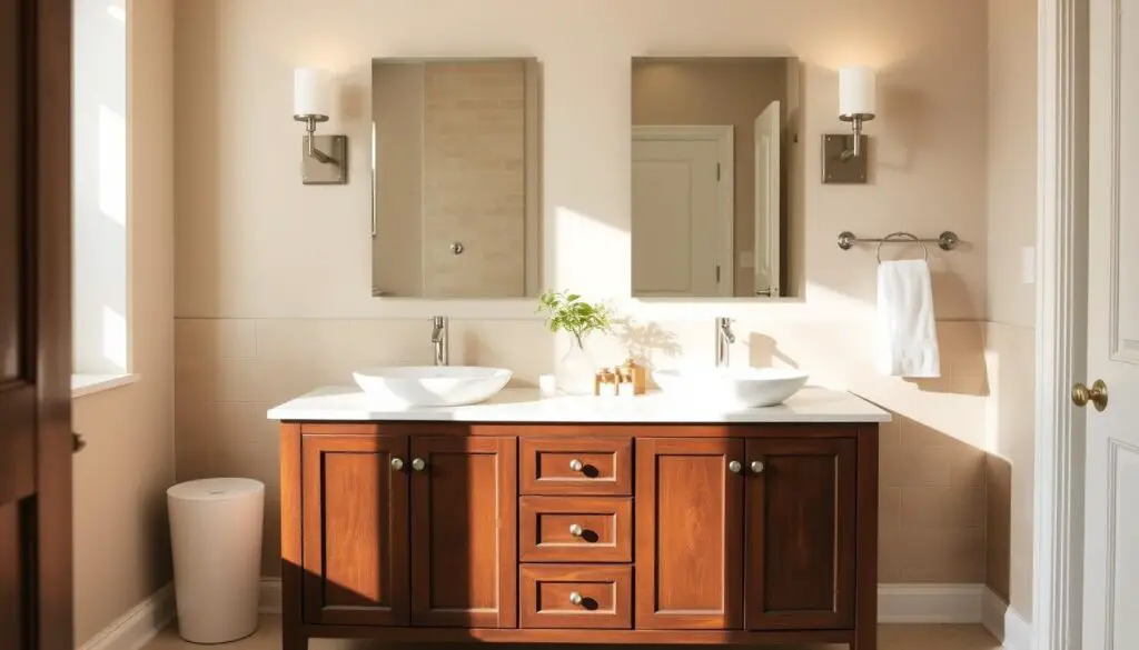 A classic double sink vanity in a warm, inviting bathroom. The vanity is made of rich, dark wood with a marble countertop, creating a timeless, elegant look. Two modern vessel sinks sit atop the counter, complemented by brushed nickel faucets. Soft, indirect lighting from wall sconces casts a gentle glow, enhancing the room's cozy atmosphere. The vanity is positioned against a neutral-toned tile wall, adding visual interest and depth. Minimal decor, such as a potted plant and a few carefully placed accessories, completes the refined, sophisticated aesthetic.