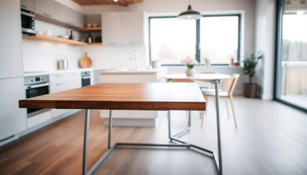 A compact, versatile kitchen table with an extendable top, set in a cozy, well-lit space. The table has a sleek, modern design with a wooden or laminate surface and minimalist metal legs. In the foreground, the table is shown in its extended configuration, allowing for additional seating and workspace. The middle ground features a few simple kitchen accessories, such as a potted plant or a small vase of flowers, adding a touch of warmth. The background showcases a minimalist kitchen interior with clean lines, neutral colors, and ample natural light filtering in through large windows, creating a bright and airy atmosphere.