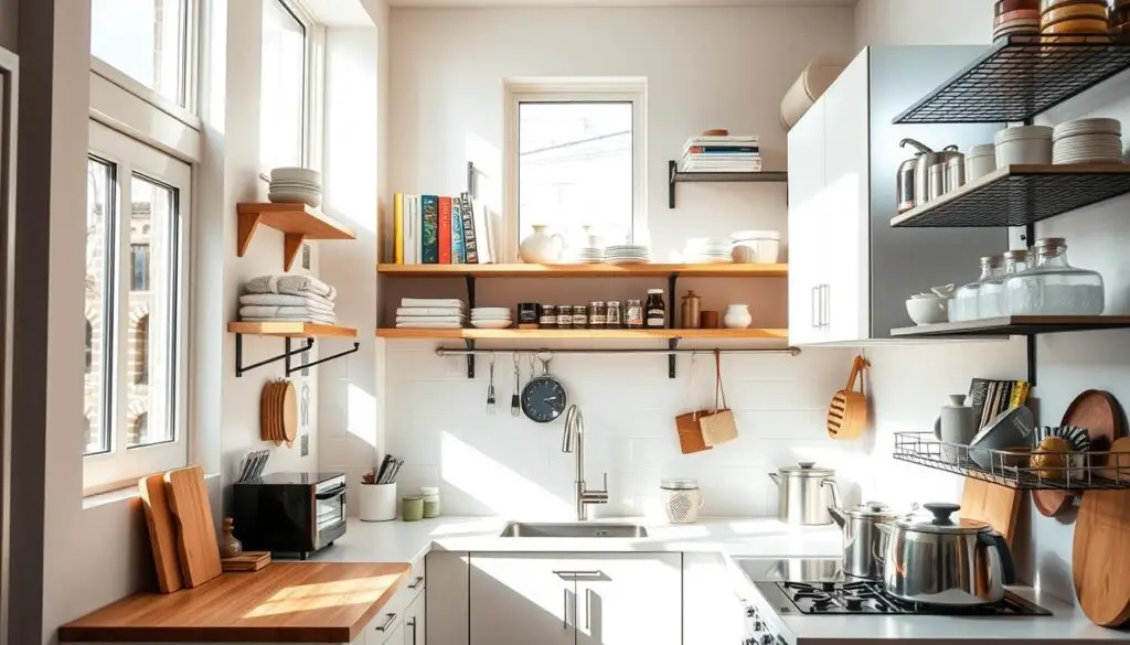 A compact, well-organized kitchen with a focus on maximizing vertical space through a combination of open shelves, mounted racks, and efficient storage solutions. The scene is brightly lit by natural light streaming through large windows, casting a warm, inviting glow over the minimalist, Scandinavian-inspired design. Sleek, white cabinetry contrasts with natural wood accents, while a mix of metal and glass shelves display a curated collection of cookbooks, spices, and decorative items. The overall atmosphere is one of calm, serene efficiency, showcasing how thoughtful planning and clever storage can transform a small kitchen into a functional, visually appealing space. A compact, well-organized kitchen with a focus on maximizing vertical space through a combination of open shelves, mounted racks, and efficient storage solutions. The scene is brightly lit by natural light streaming through large windows, casting a warm, inviting glow over the minimalist, Scandinavian-inspired design. Sleek, white cabinetry contrasts with natural wood accents, while a mix of metal and glass shelves display a curated collection of cookbooks, spices, and decorative items. The overall atmosphere is one of calm, serene efficiency, showcasing how thoughtful planning and clever storage can transform a small kitchen into a functional, visually appealing space.
